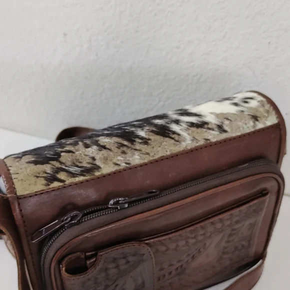 Leaders In Leather Vntg Tooled Leather Pony Hair Flap Messenger Crossbody Bag - Picture 12 of 16